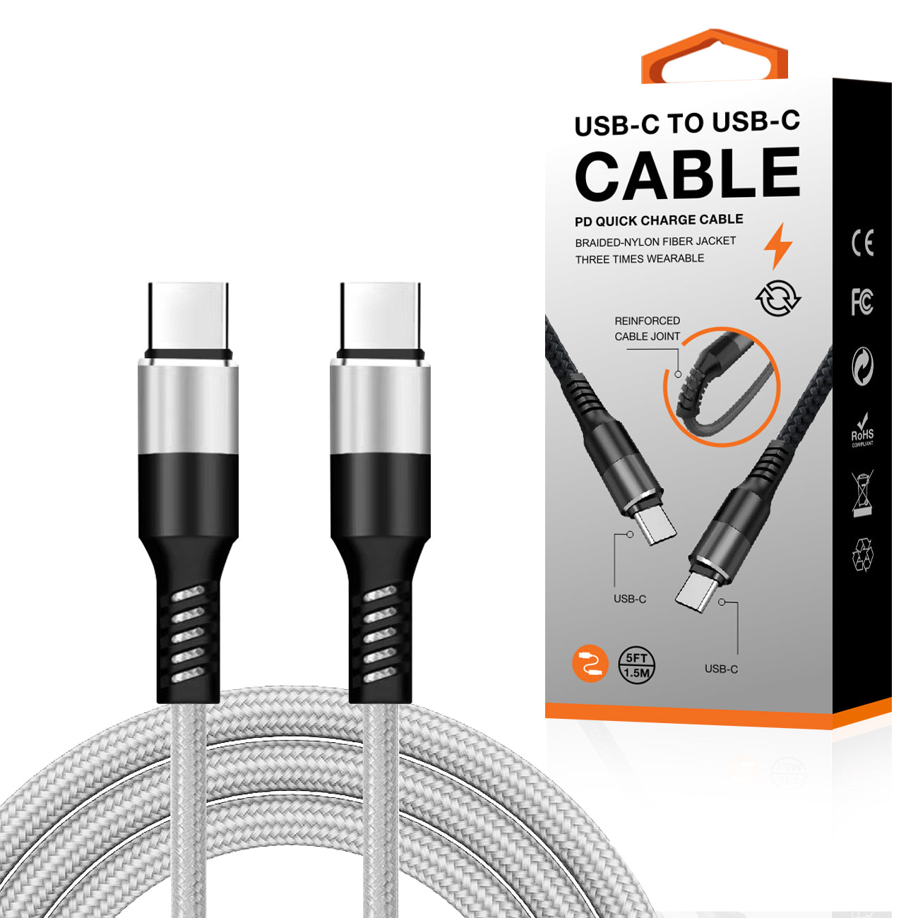 Power Delivery USB-C to C Fast Charging & Sync Nylon- Braided 5FT Cable in Silver -SKU:DC36-PDTYPEC5FTSL